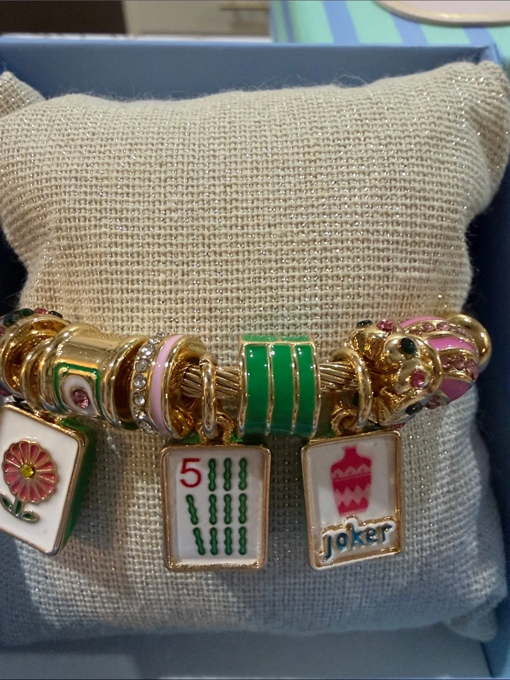NEW Piper K Mahjong Hand Painted Bangle Bracelet Glass Stones Game Tiles White